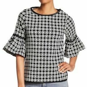 Max Studio Black White Bell Sleeve Faux Leather Trim Jacquard Blouse Top Size S